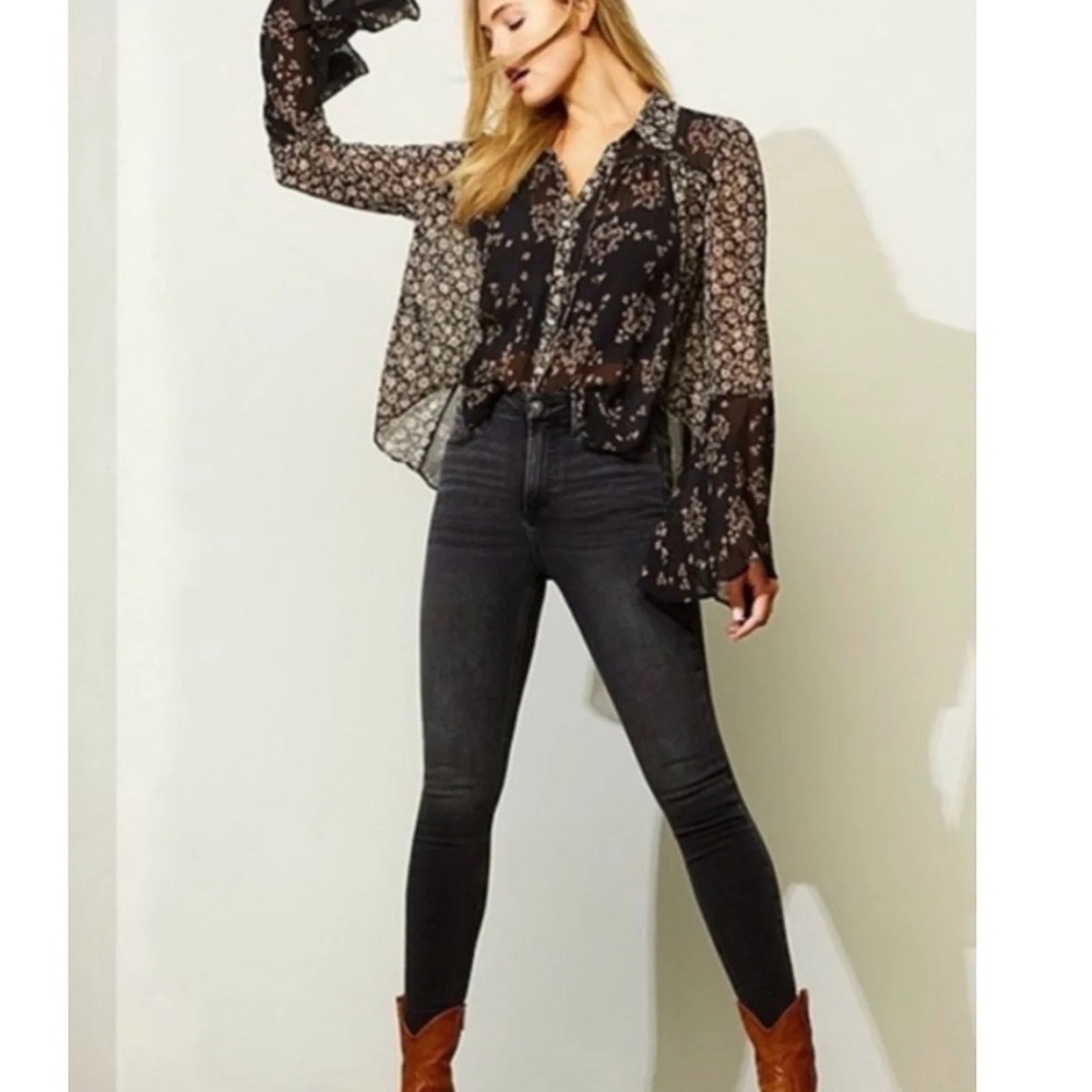 Free‎ People Serena Floral Bell Sleeve Blouse Women XS Black Sheer Boho Tie Neck